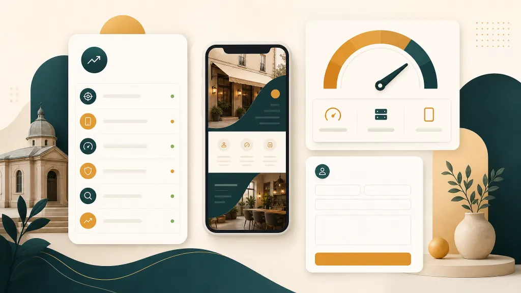 Vizual premium cu dashboard de website, structură, SEO și formular testat